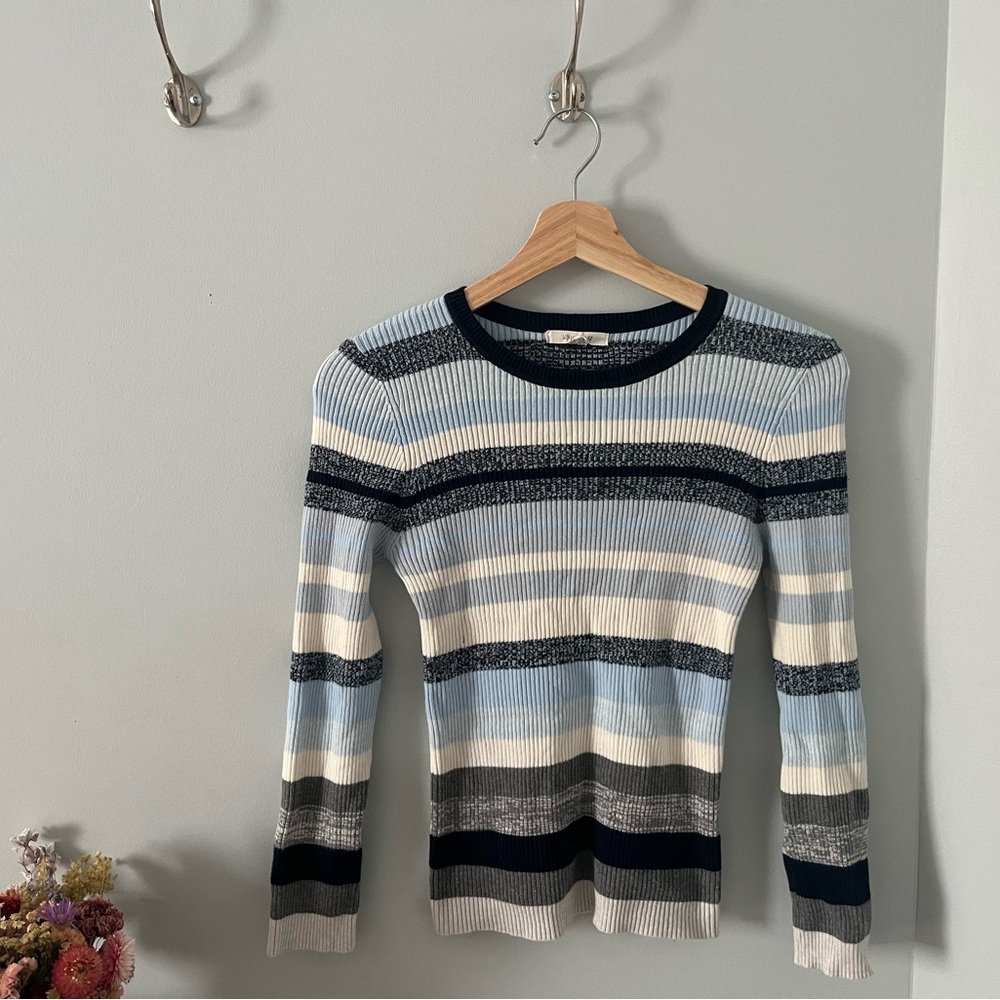Striped Crew Neck Sweater - Blue and Gray